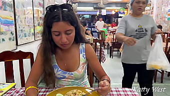 Teen Katty West Gets Naughty In Public By Eating Lunch And Flaunting Her Pussy