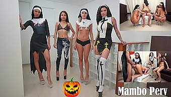 Một Nhóm Nữ Tu Tinh Nghịch Tham Gia Vào Một Nghi Lễ Tội Lỗi Và Tình Dục Nhóm Ngược Vào Ngày Halloween, Liên Quan Đến Một Chàng Trai Da Đen Và Một Cô Gái Quỷ Với Hành Động Đít Và Miệng.