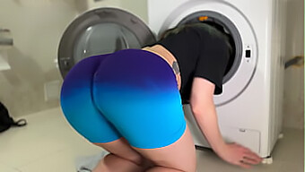 Brunette Stepsister Gets Stuck In Leggings At Laundry Mat